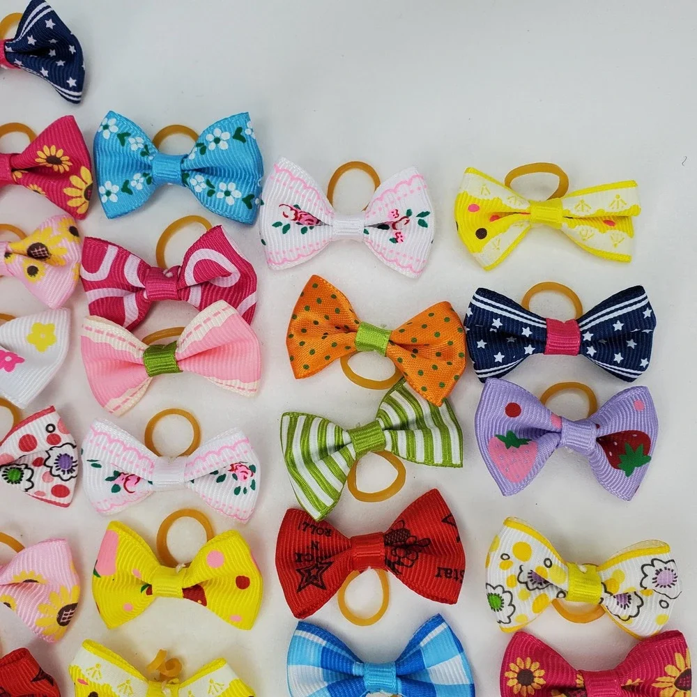 50pc Bulk Lot Mini Grosgrain Ribbon Hair Bows Small Elastic Bands Pet Grooming